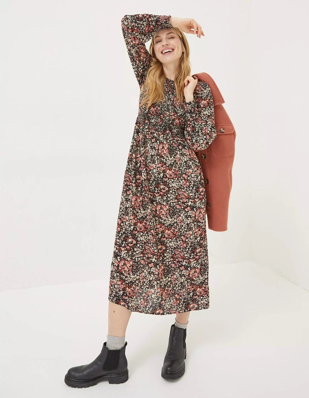 Fat Face Fern Shirred Black Floral Print Size 14 Long Sleeve Viscose Midi Dress